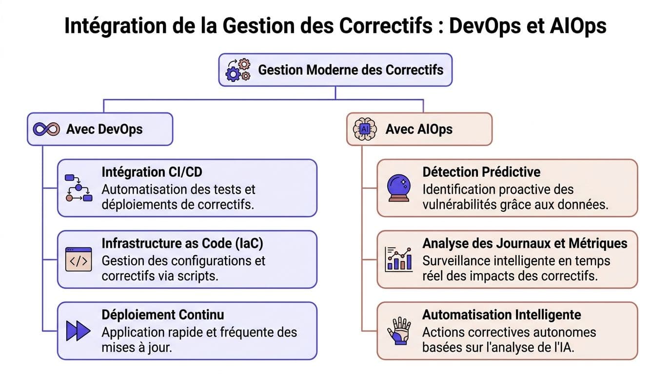 Schéma illustrant l'intégration de la gestion des correctifs grâce aux approches DevOps et AIOps pour l'automatisation.