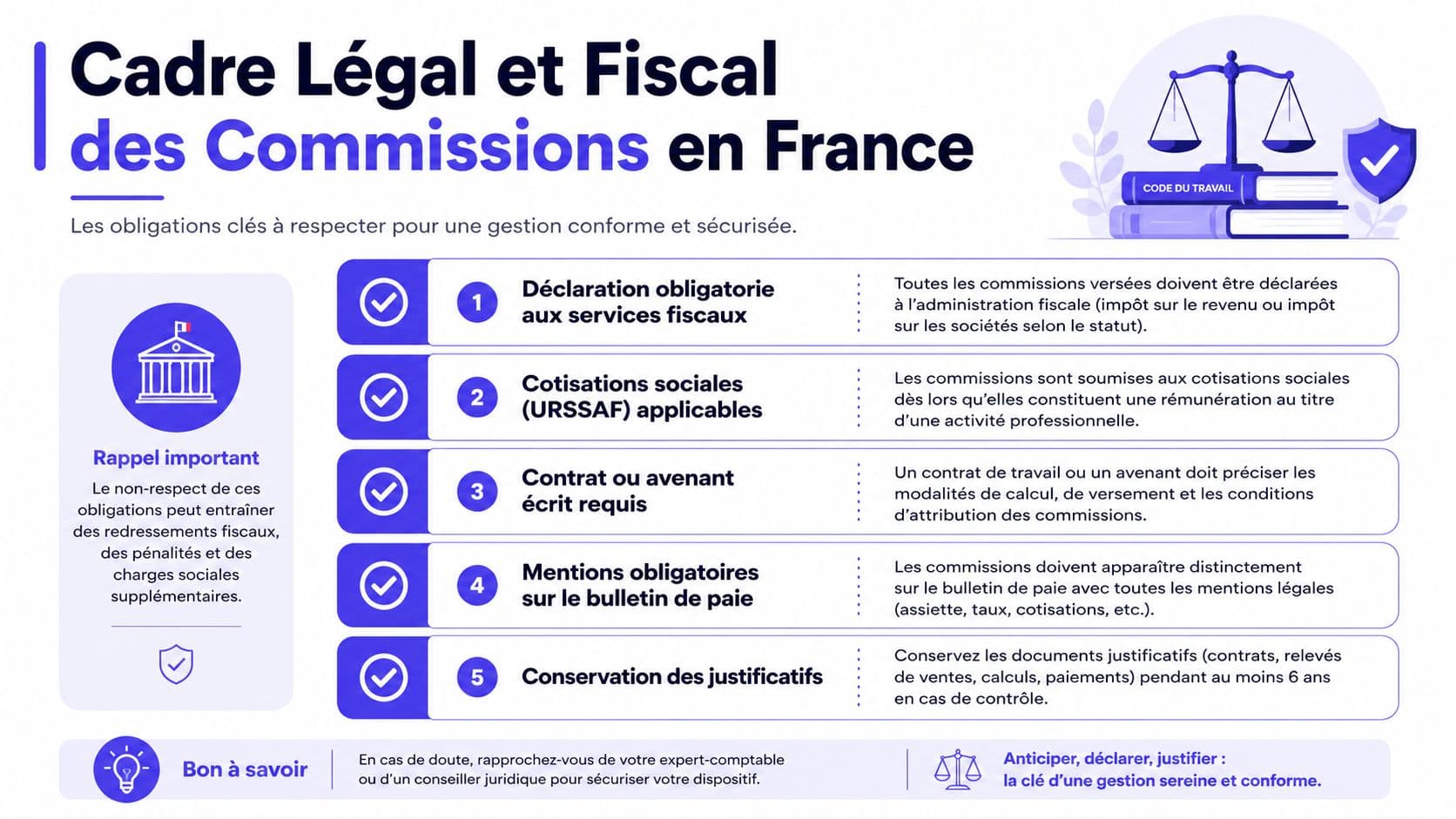 Infographie résumant les obligations légales et fiscales liées au paiement des commissions en France pour les entreprises.