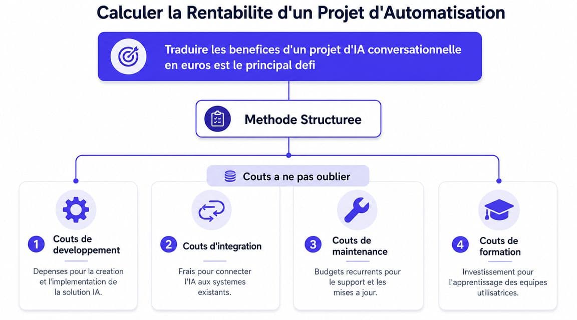 Infographie illustrant une méthode structurée pour calculer la rentabilité d'un projet d'automatisation par IA conversationnelle.