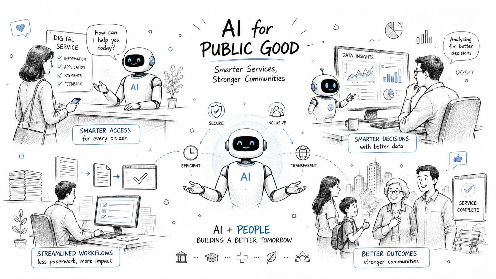 Illustration montrant le rôle de l'intelligence artificielle pour améliorer les services publics et le bien-être citoyen.