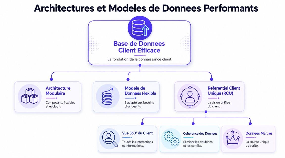 Schéma illustrant l'architecture et les modèles de données performants pour une base de données client efficace et unifiée.