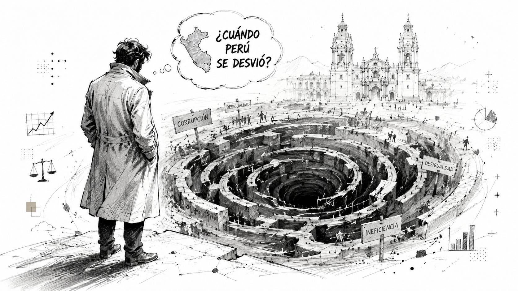 Un homme observant un labyrinthe complexe devant la cathédrale de Lima, symbolisant les défis politiques du Pérou.
