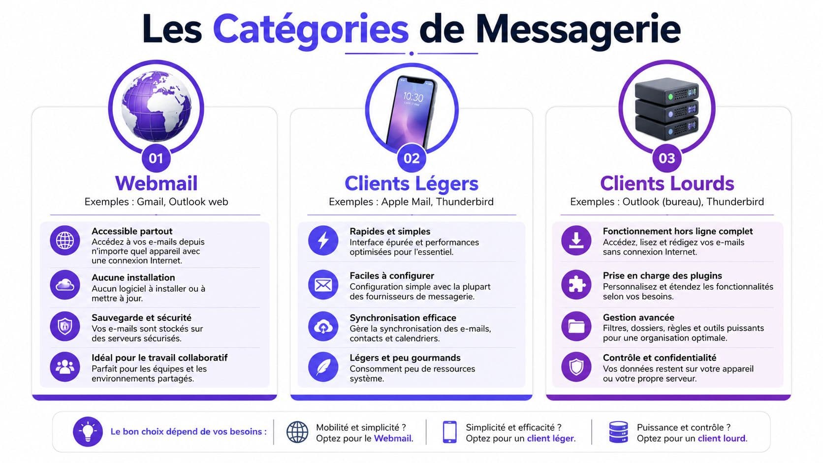 Infographie présentant les trois grandes catégories de messagerie : Webmail, clients légers et clients lourds avec leurs avantages.