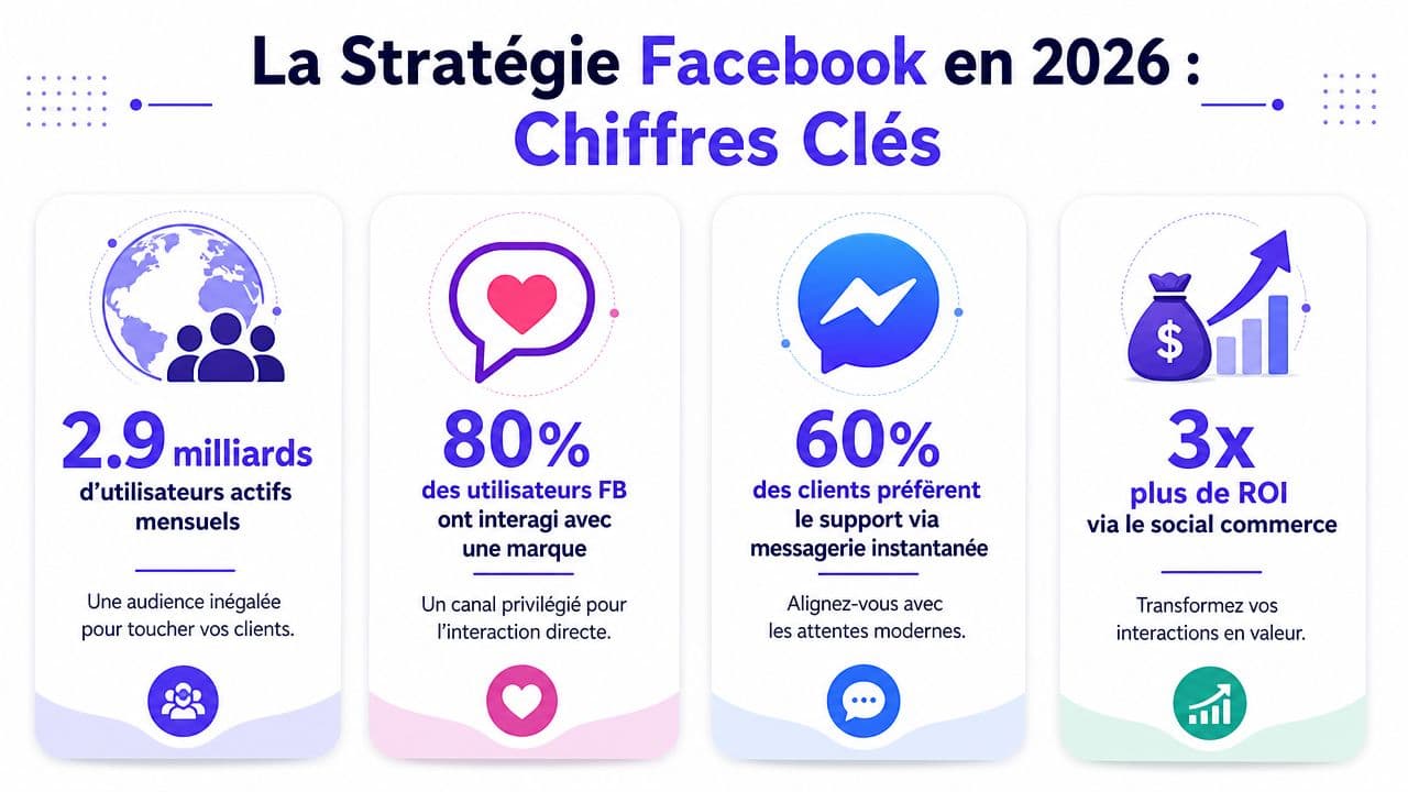 Infographie illustrant les chiffres clés de la stratégie Facebook en 2026 pour le marketing et engagement client.