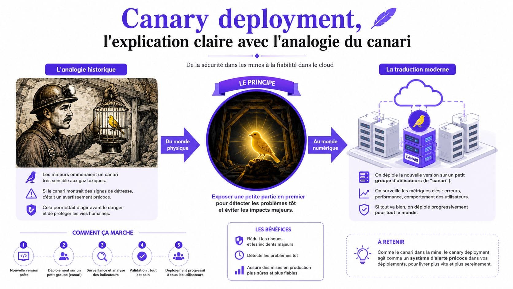 Infographie expliquant le concept de déploiement Canary en utilisant l'analogie historique des mineurs et des canaris.