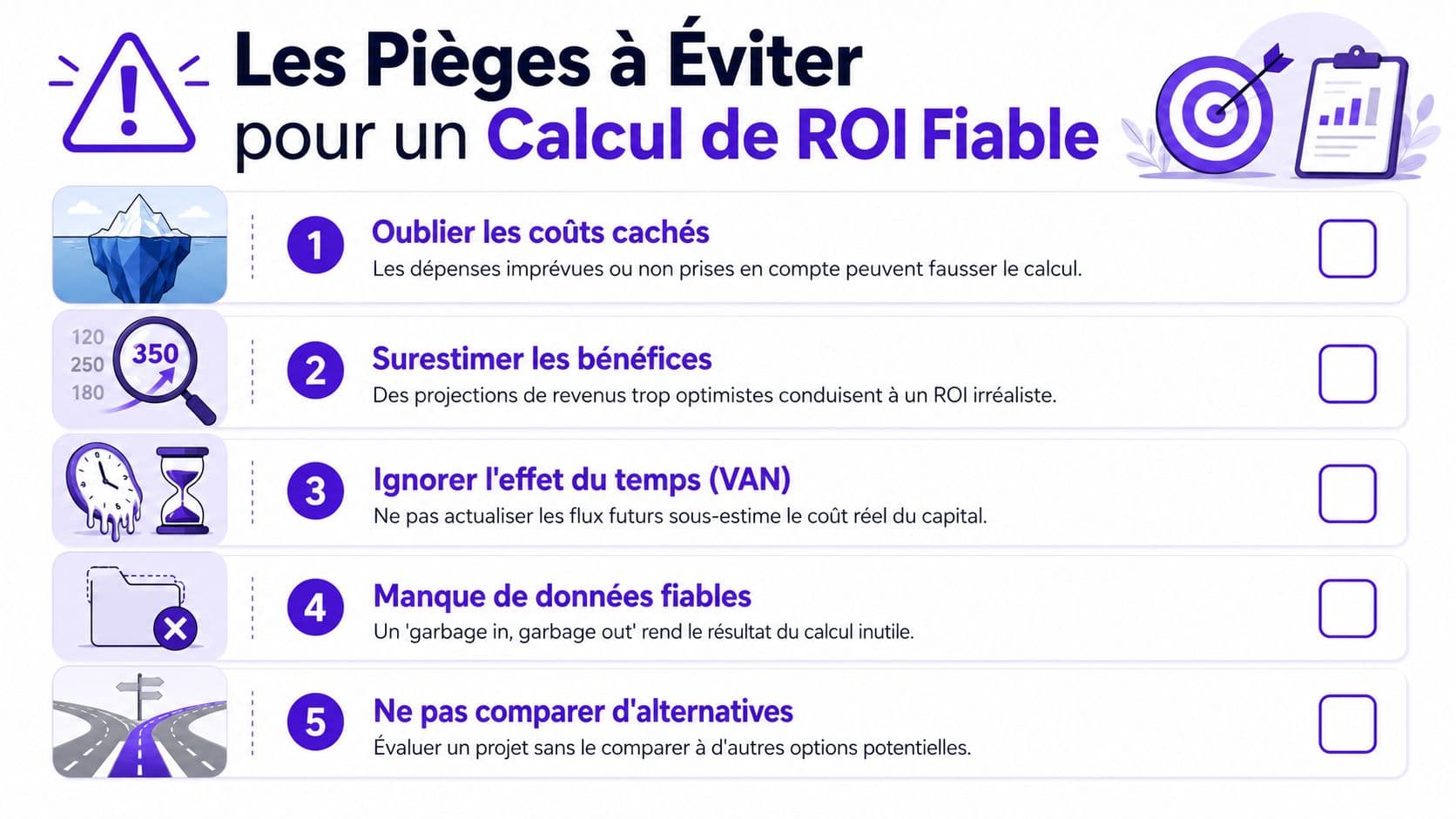 Une infographie listant cinq erreurs courantes à éviter lors du calcul du retour sur investissement ROI.