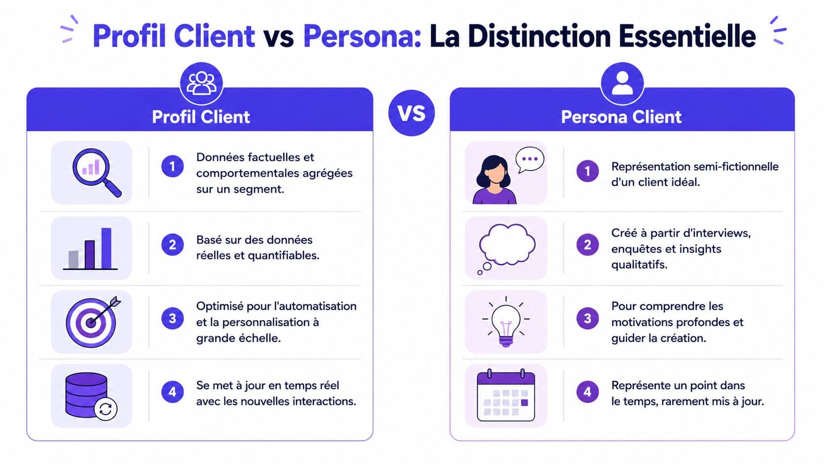 Infographie comparant le profil client et le persona client avec leurs caractéristiques respectives.
