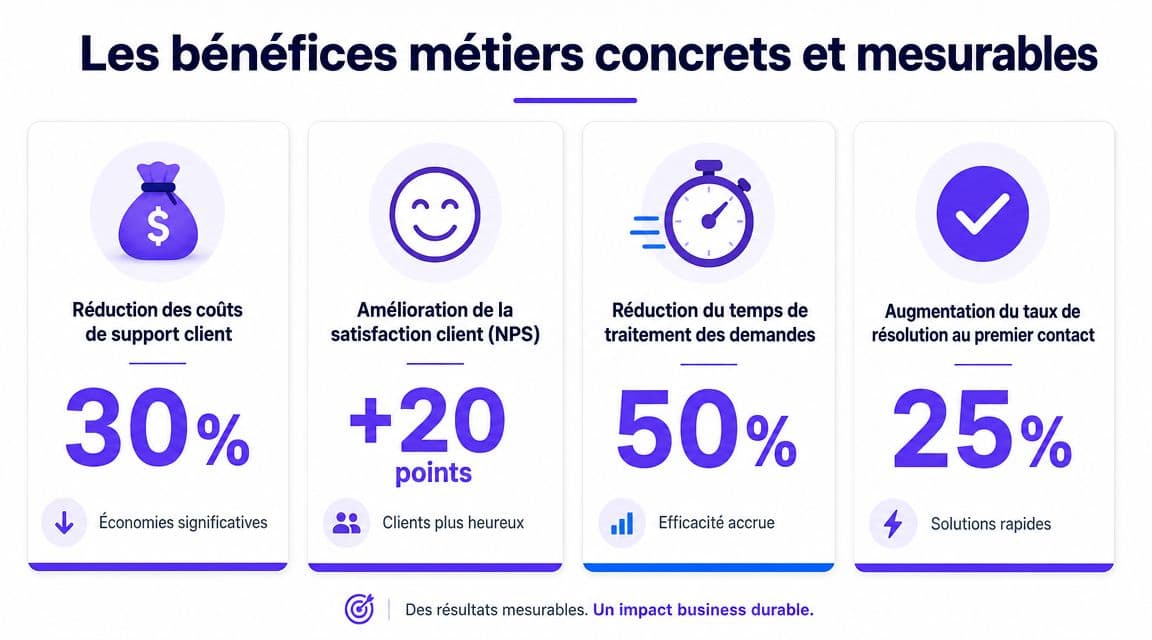 Graphique montrant les bénéfices métiers mesurables de l'utilisation d'un agent IA pour le support client.