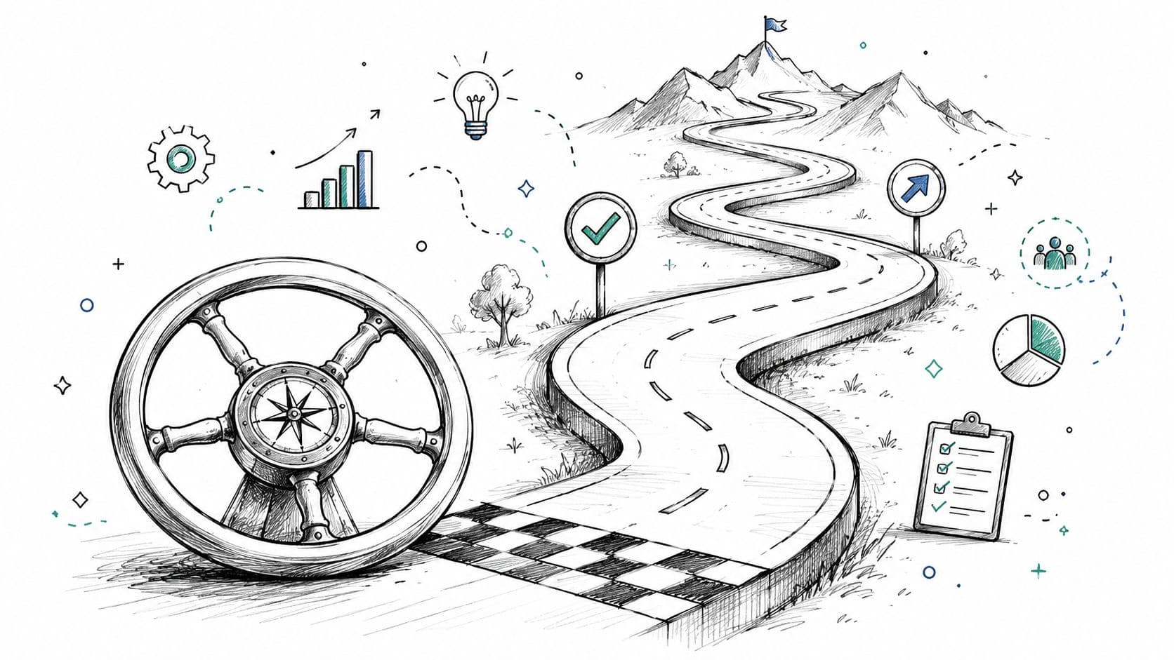 Une illustration conceptuelle montrant un gouvernail et une route sinueuse menant vers le sommet d'une montagne.
