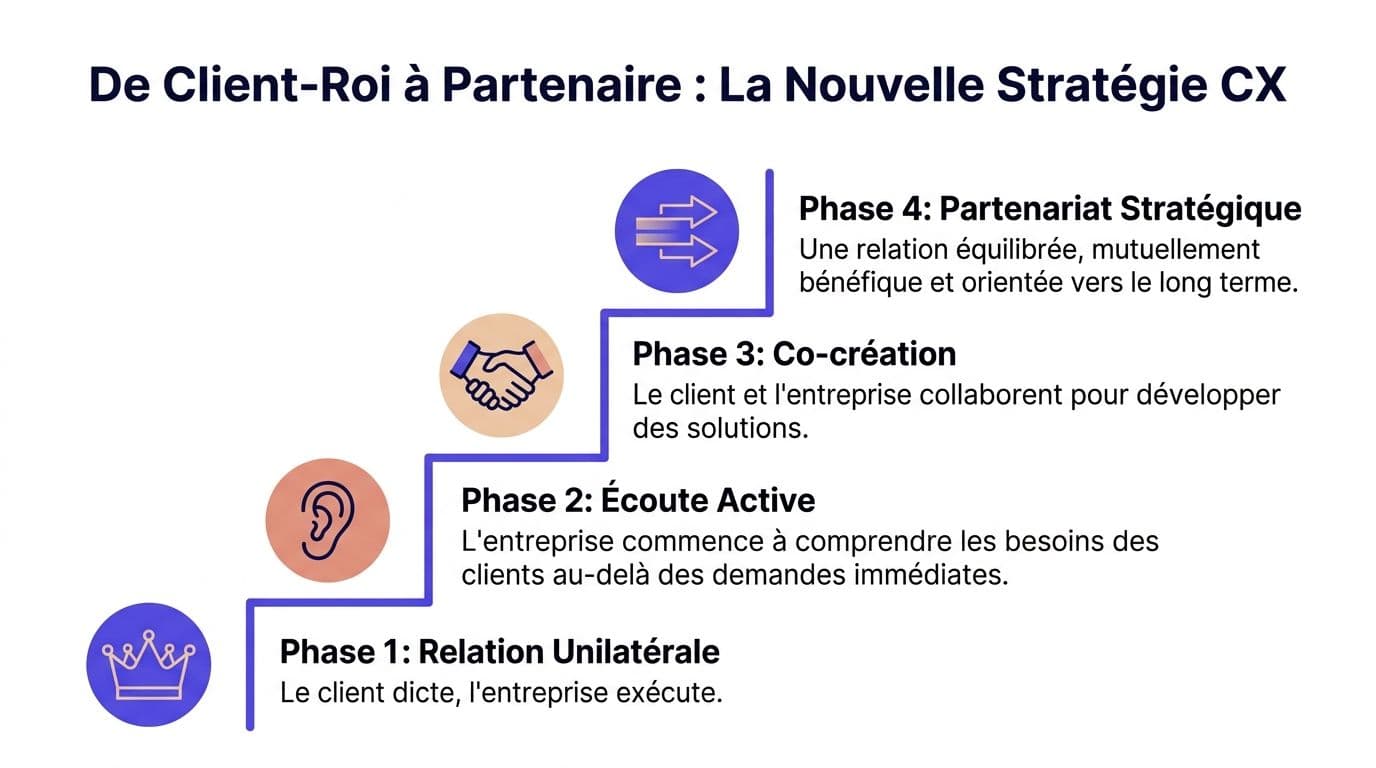 Un graphique en escalier illustrant l'évolution stratégique du client, de roi à partenaire, en quatre étapes clés.