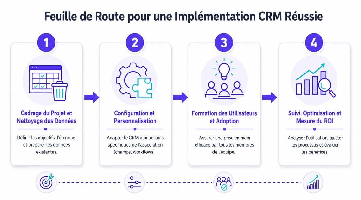 Une infographie montrant les quatre étapes clés pour une implémentation réussie d'un système CRM pour les associations.