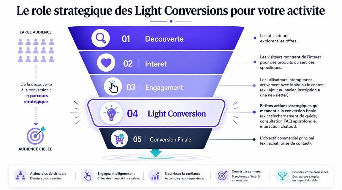 Un entonnoir marketing illustrant les étapes stratégiques pour transformer des visiteurs en clients via des conversions légères.