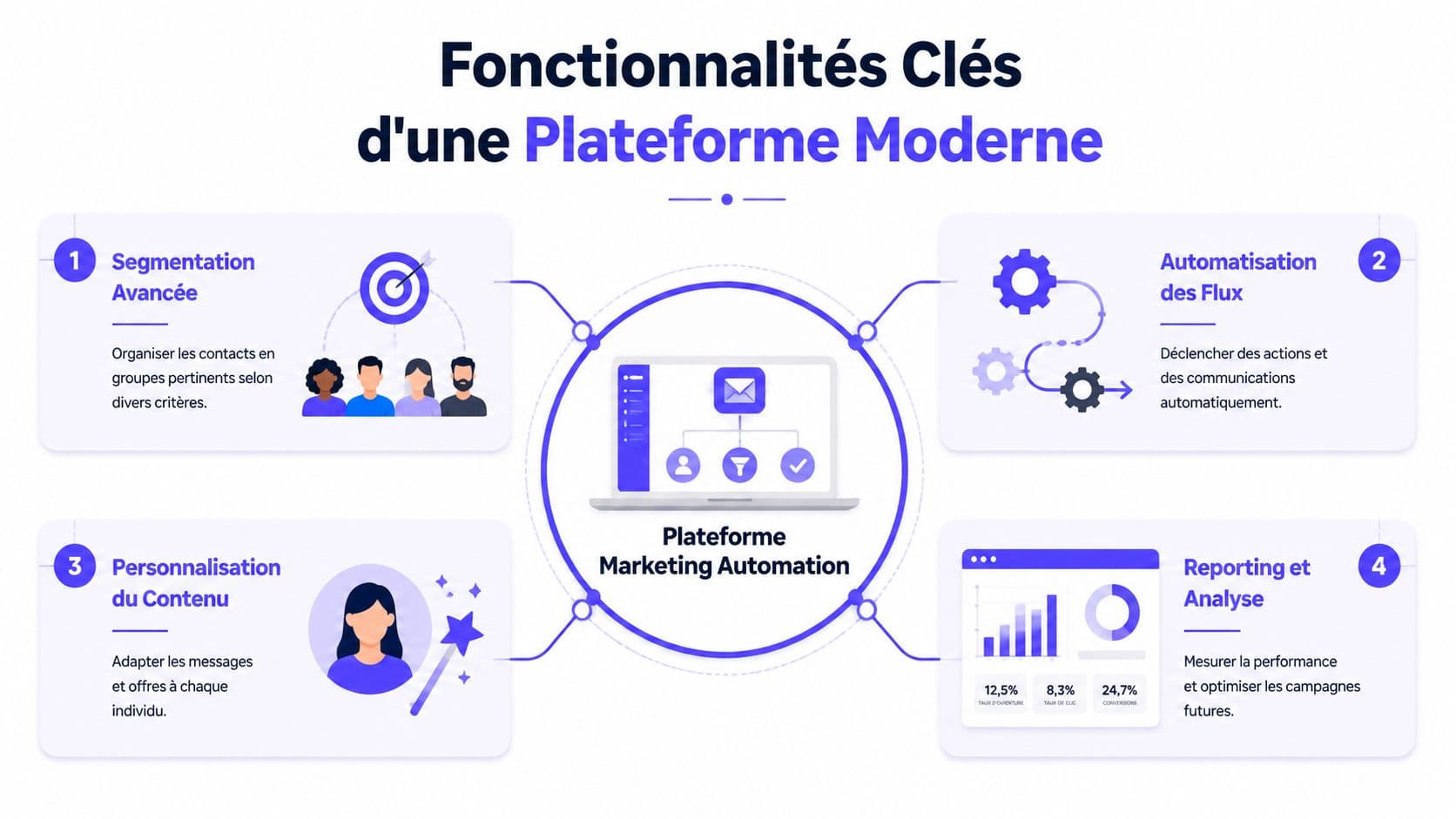Illustration des quatre fonctionnalités clés d'une plateforme moderne de marketing automation pour optimiser la gestion client.