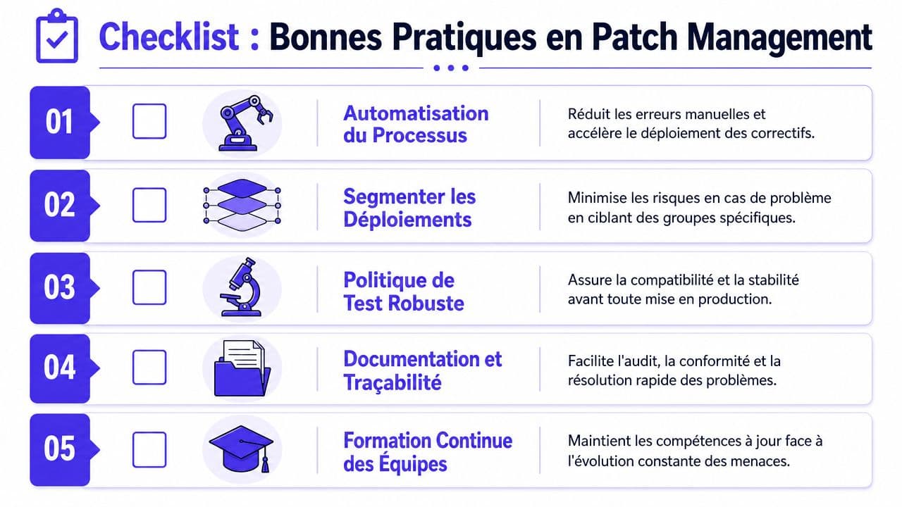 Une liste de contrôle illustrée des cinq bonnes pratiques pour gérer efficacement la mise à jour des correctifs informatiques.