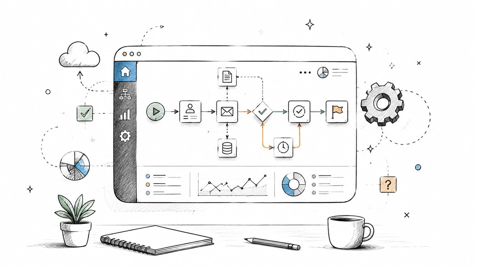 Illustration stylisée d'un tableau de bord numérique montrant un flux de travail de processus métier automatisé.