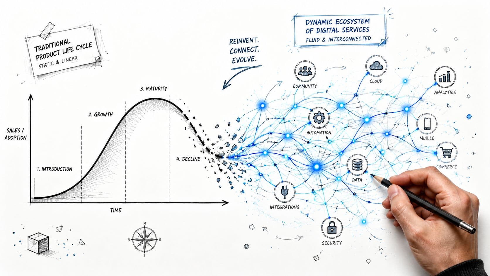Une illustration comparant le cycle de vie produit traditionnel linéaire avec un écosystème de services numériques interconnectés.