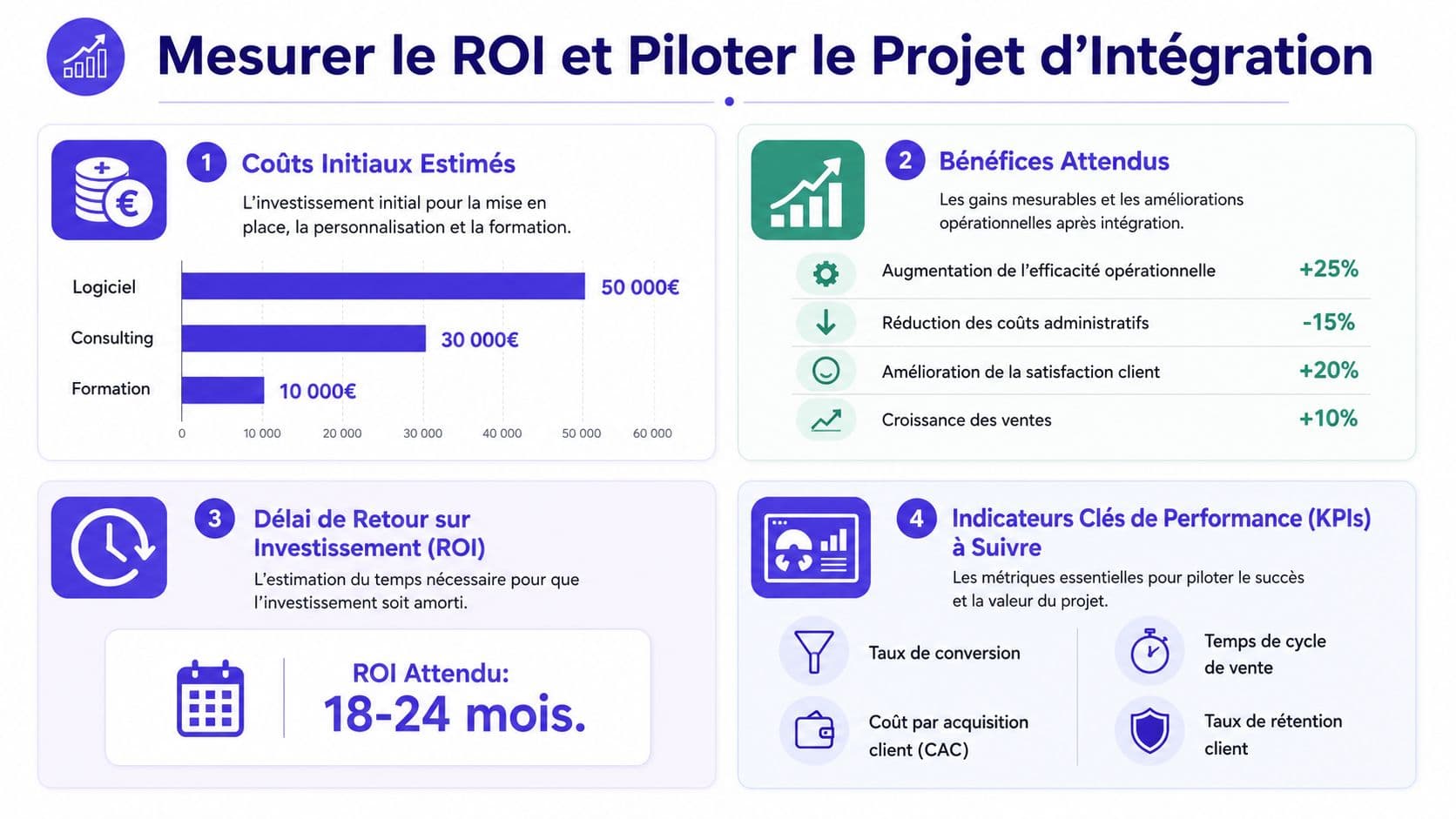 Infographie montrant les étapes pour mesurer le retour sur investissement et piloter un projet d'intégration informatique.