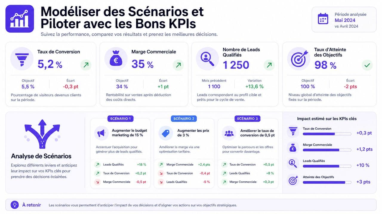 Infographie illustrant des indicateurs de performance clés pour la modélisation de scénarios d'affaires et la prise de décision.