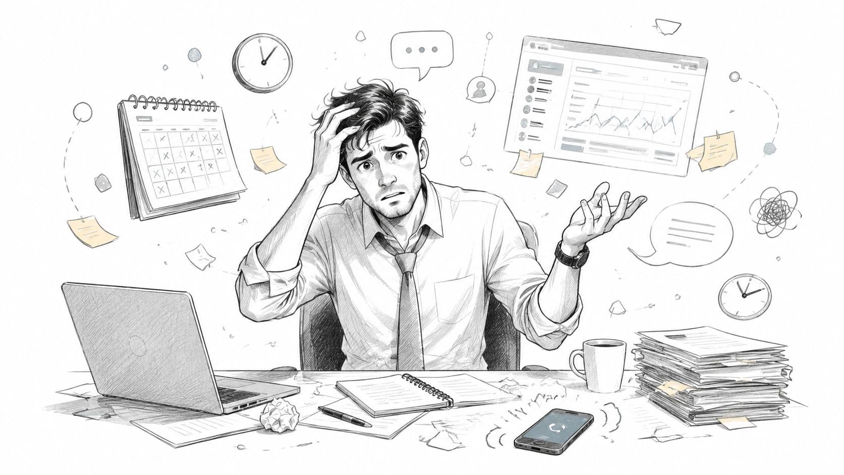 Un homme d'affaires stressé travaillant avec de nombreux documents, un ordinateur portable et des rappels de calendrier.