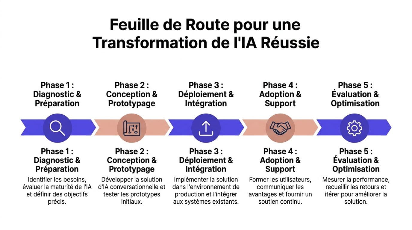 Feuille de route en cinq phases pour guider une entreprise dans la transformation et l'intégration de l'IA.
