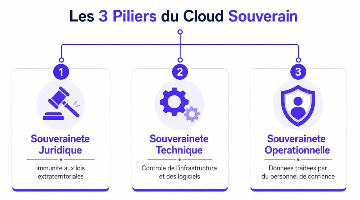 Infographie illustrant les trois piliers du cloud souverain : souveraineté juridique, technique et opérationnelle pour la protection des données.
