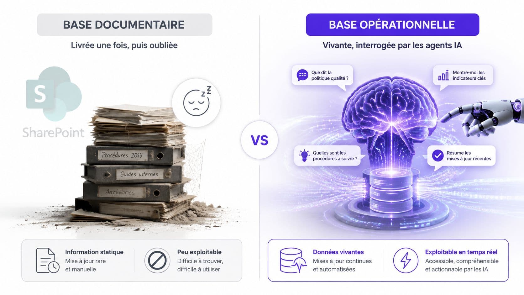 Comparaison entre une base documentaire statique sur SharePoint et une base opérationnelle vivante exploitée par l'intelligence artificielle.