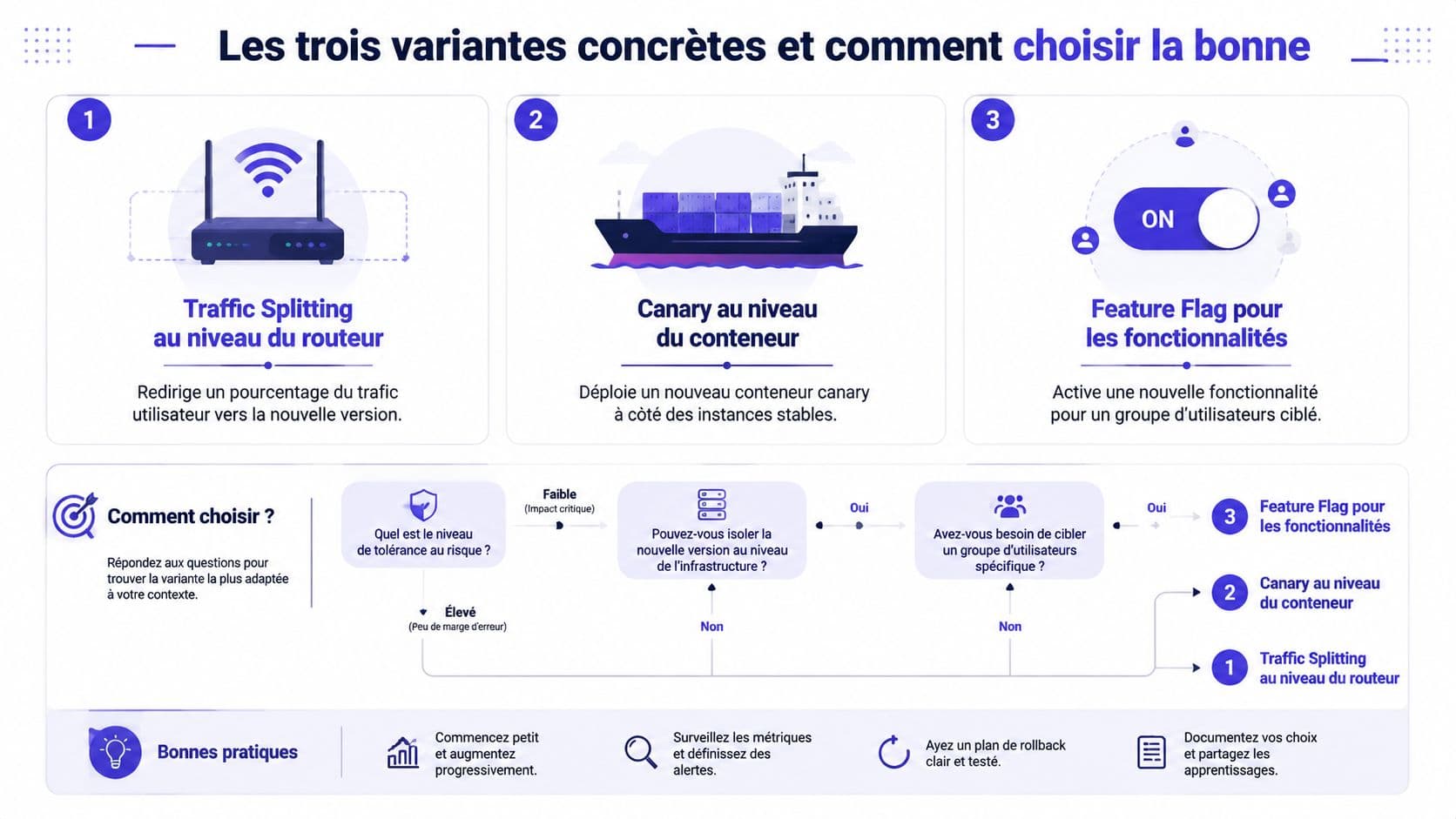 Infographie illustrant trois méthodes de déploiement progressif : répartition de trafic, déploiement canary et indicateurs de fonctionnalités.