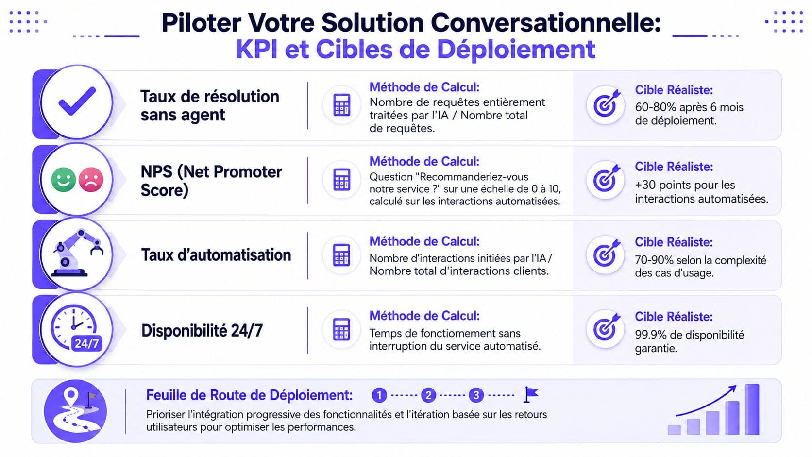 Tableau présentant les indicateurs clés de performance et les objectifs de déploiement pour une solution conversationnelle automatisée.