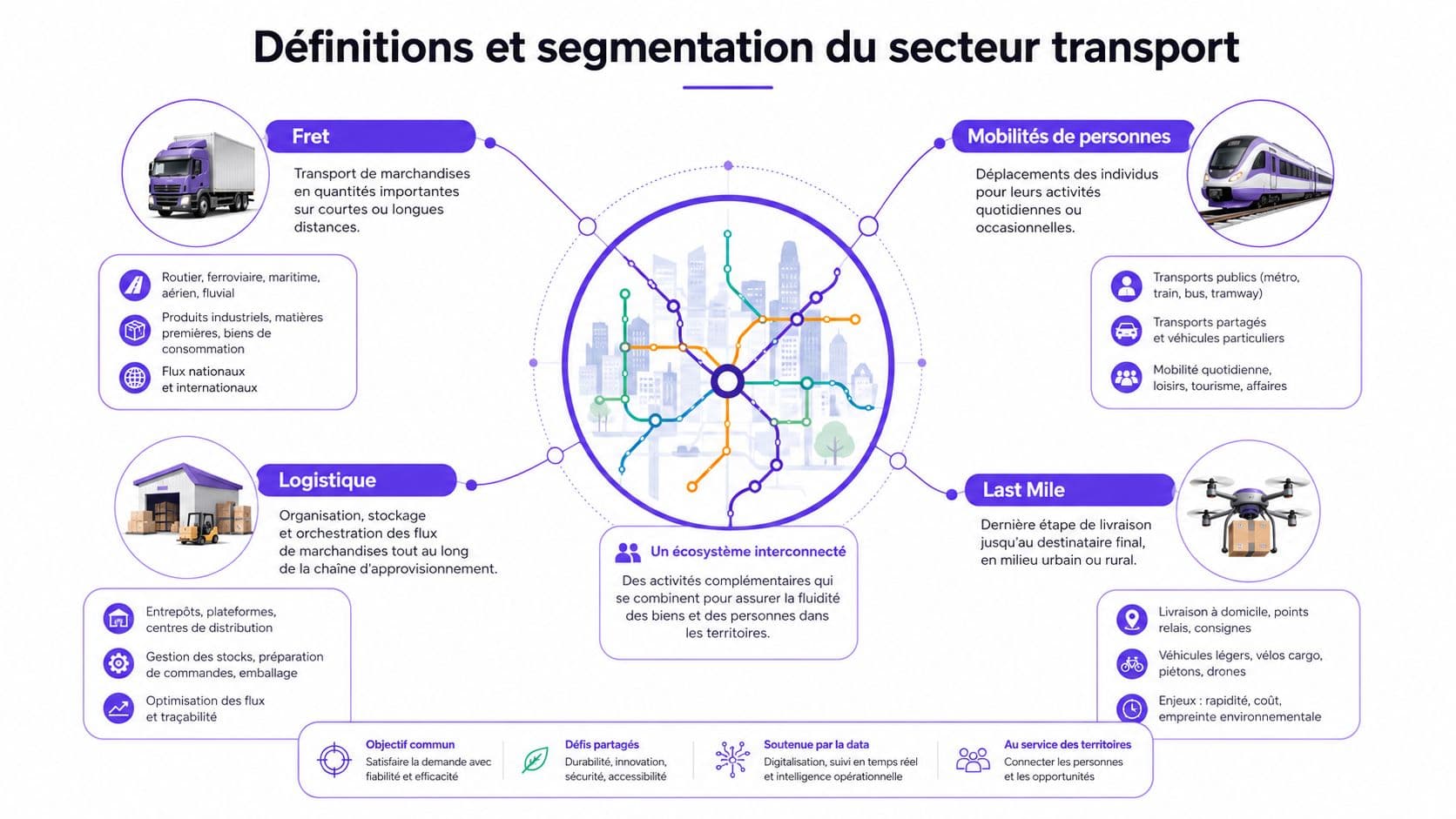 Infographie illustrant la segmentation du secteur transport, incluant le fret, la logistique, les mobilités et le dernier kilomètre.