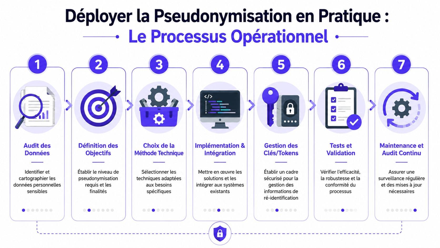 Infographie illustrant le processus opérationnel en sept étapes pour déployer la pseudonymisation des données personnelles.