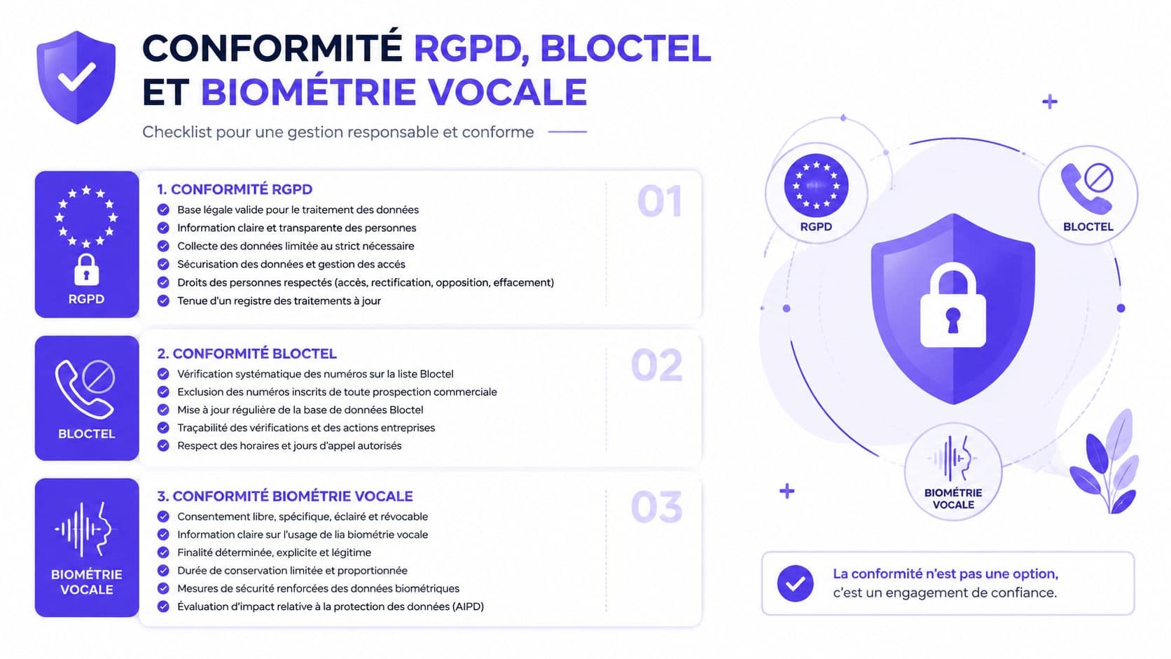 Infographie détaillant la conformité RGPD, Bloctel et biométrie vocale pour une gestion responsable des données personnelles.