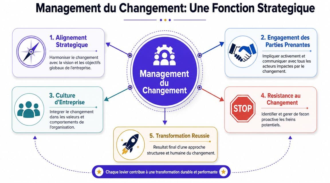 Schéma illustrant les cinq piliers stratégiques pour réussir le management du changement dans une entreprise.