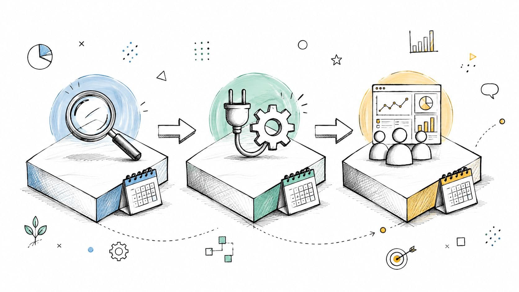 Illustration montrant trois étapes de processus avec une loupe, une prise électrique et un tableau de bord