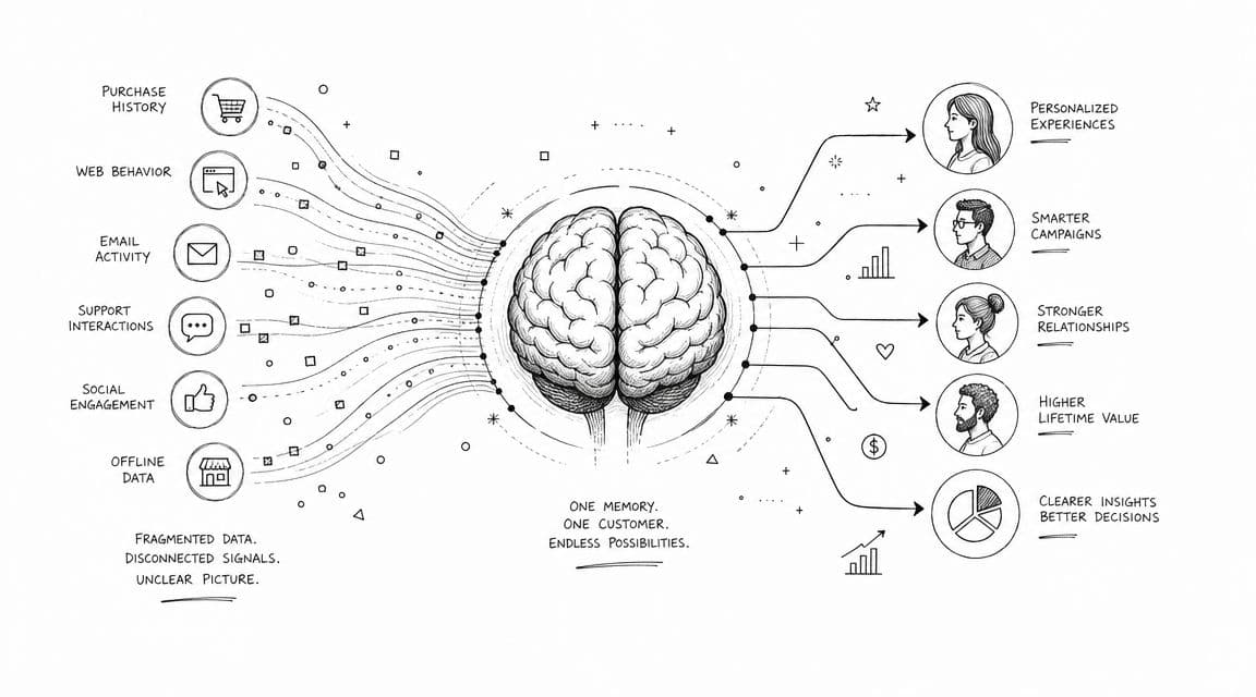 Un schéma illustrant la centralisation de données clients fragmentées dans un cerveau pour créer des expériences personnalisées.