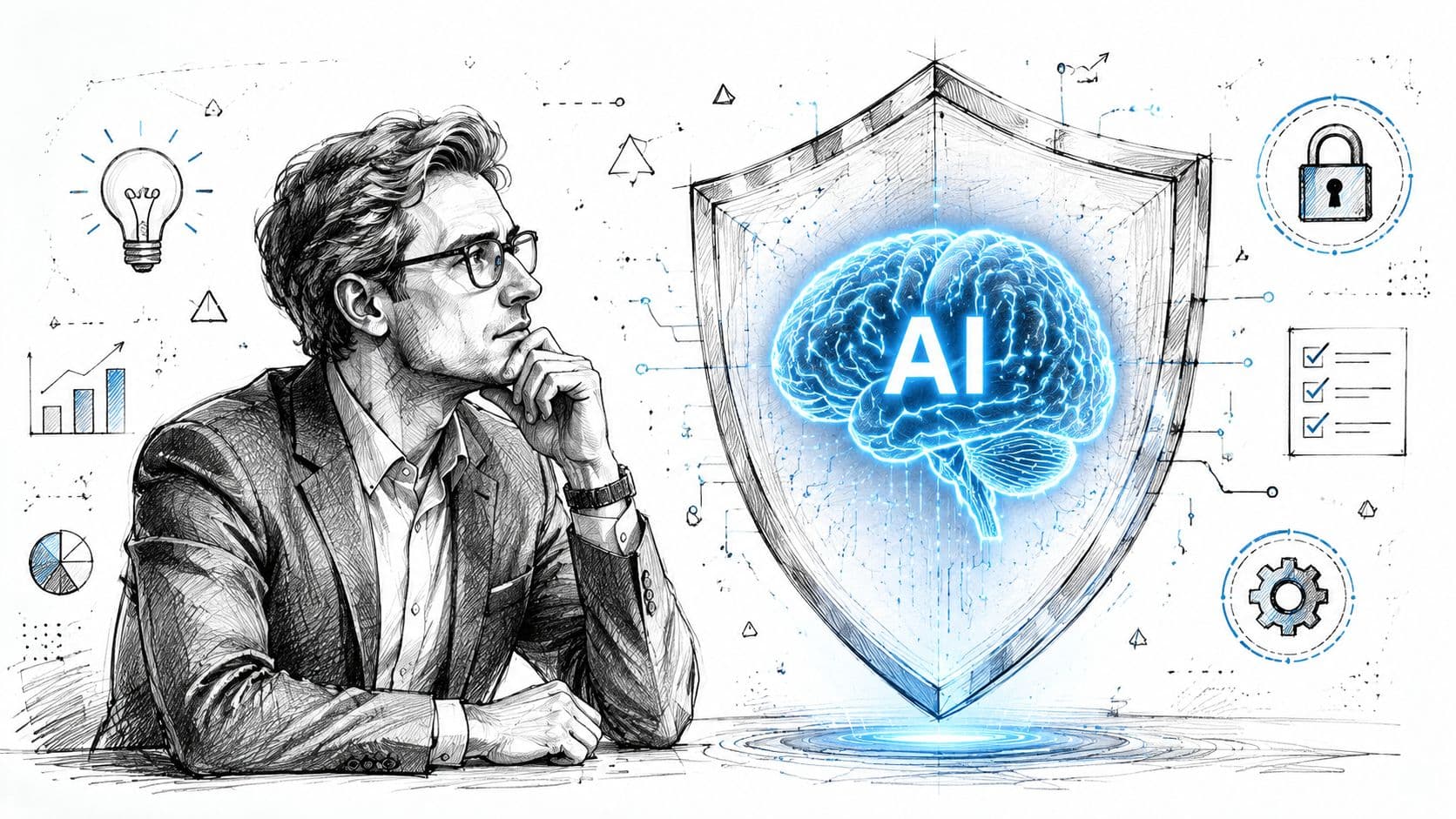 Homme d'affaires pensif regardant un bouclier numérique protégeant un cerveau lumineux symbolisant l'intelligence artificielle sécurisée.