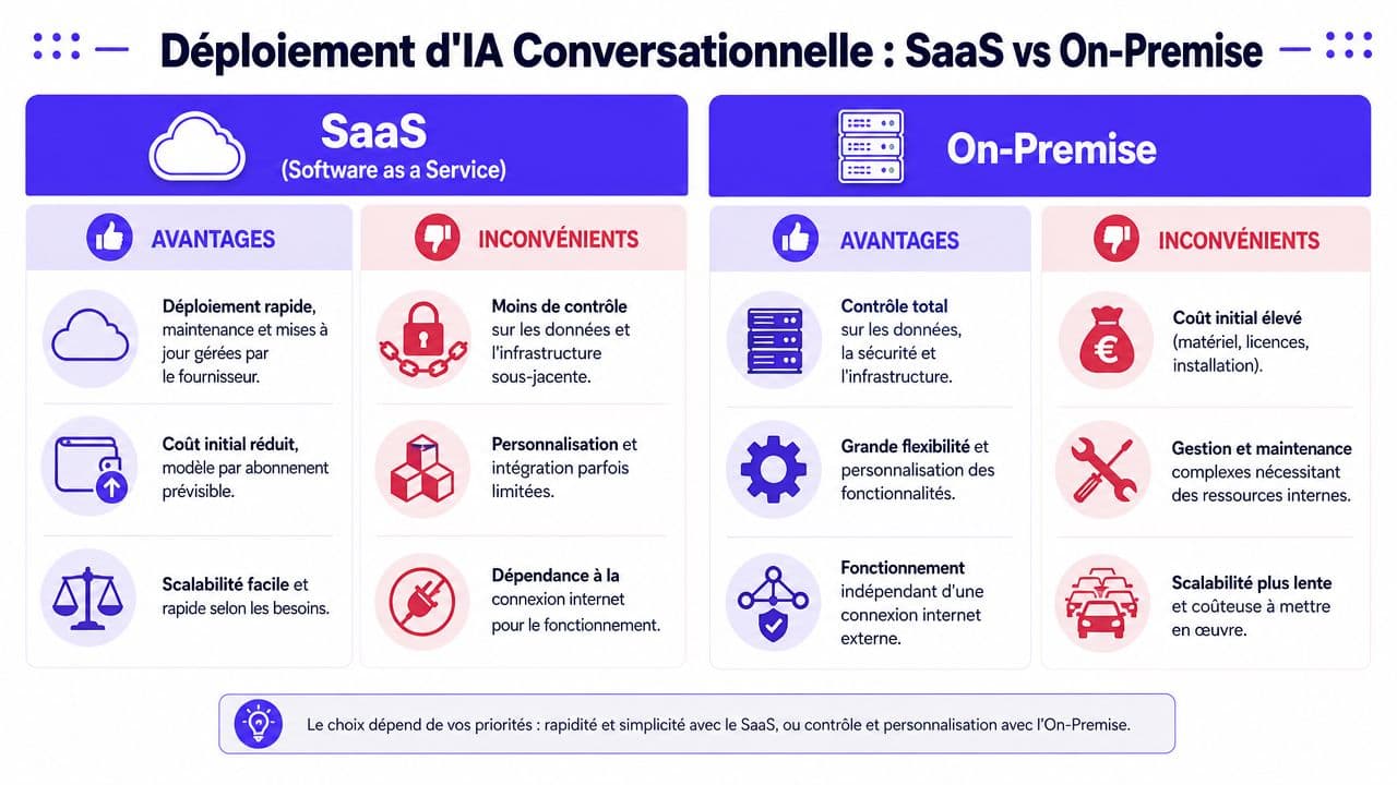 Tableau comparatif entre le déploiement SaaS et On-Premise pour les solutions d'IA conversationnelle en entreprise.