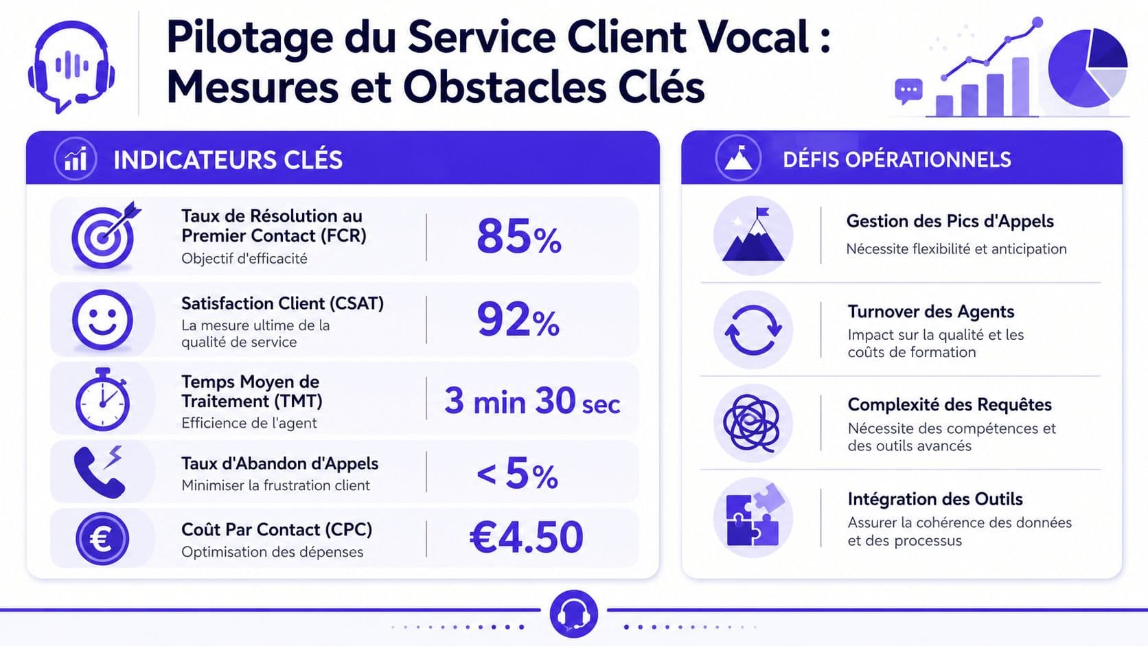 Tableau de bord présentant les indicateurs clés et les défis opérationnels du service client vocal.