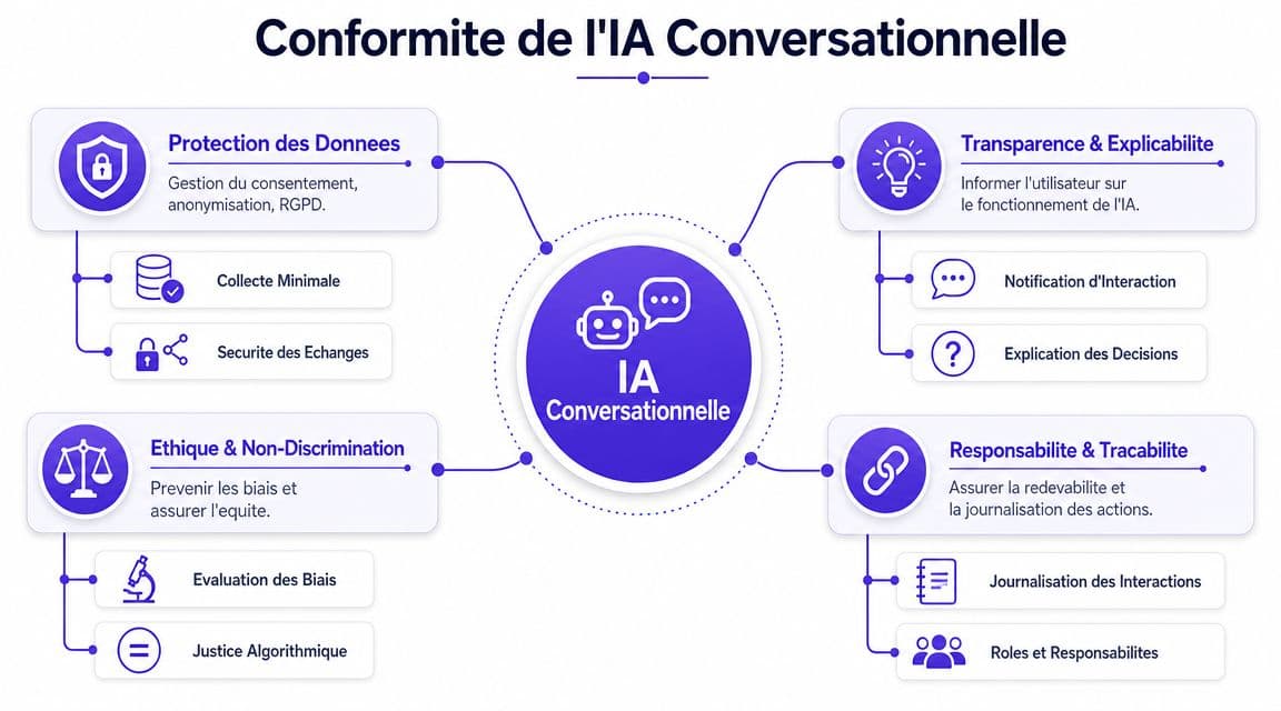 Schéma illustrant les quatre piliers de la conformité réglementaire pour les systèmes d'intelligence artificielle conversationnelle.