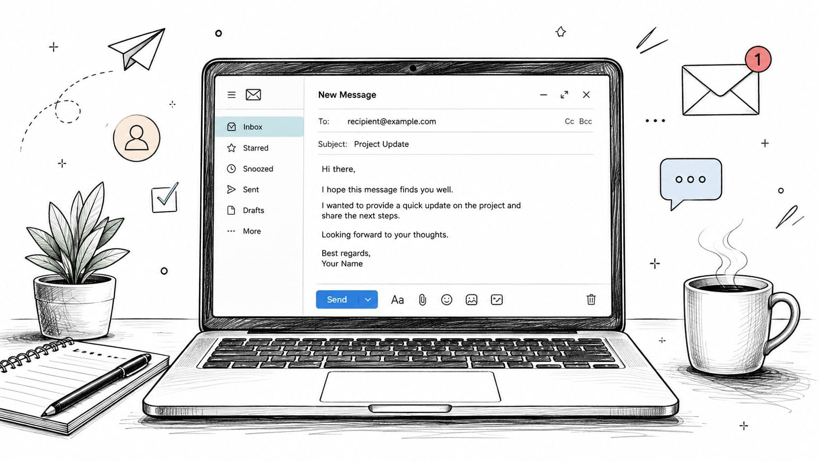 Un ordinateur portable affichant la rédaction d'un e-mail sur un bureau illustré avec une plante et un café.