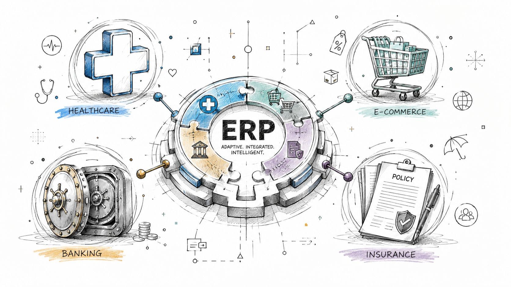 Diagramme illustrant l'intégration des systèmes ERP dans les secteurs de la santé, du commerce, des banques et assurances.