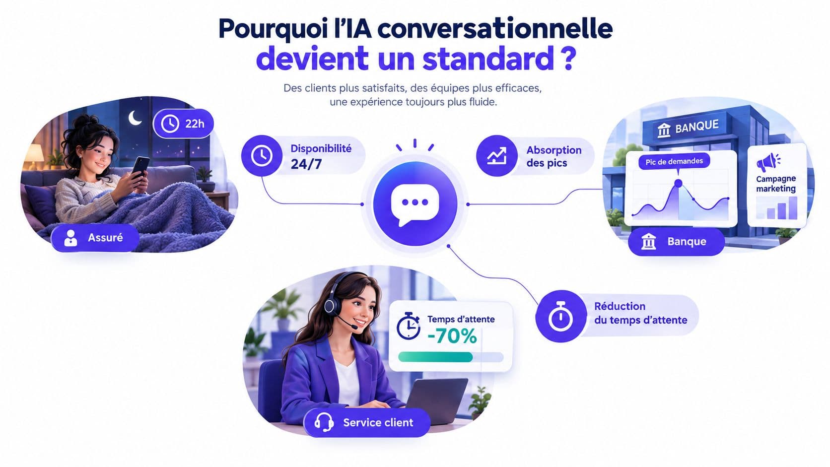 Une infographie montrant les avantages de l'intelligence artificielle conversationnelle pour le service client et les entreprises.