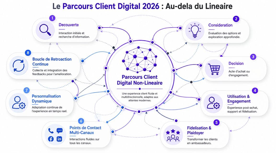 Schéma illustrant le parcours client digital non-linéaire avec huit étapes interconnectées autour d'une intelligence centrale.