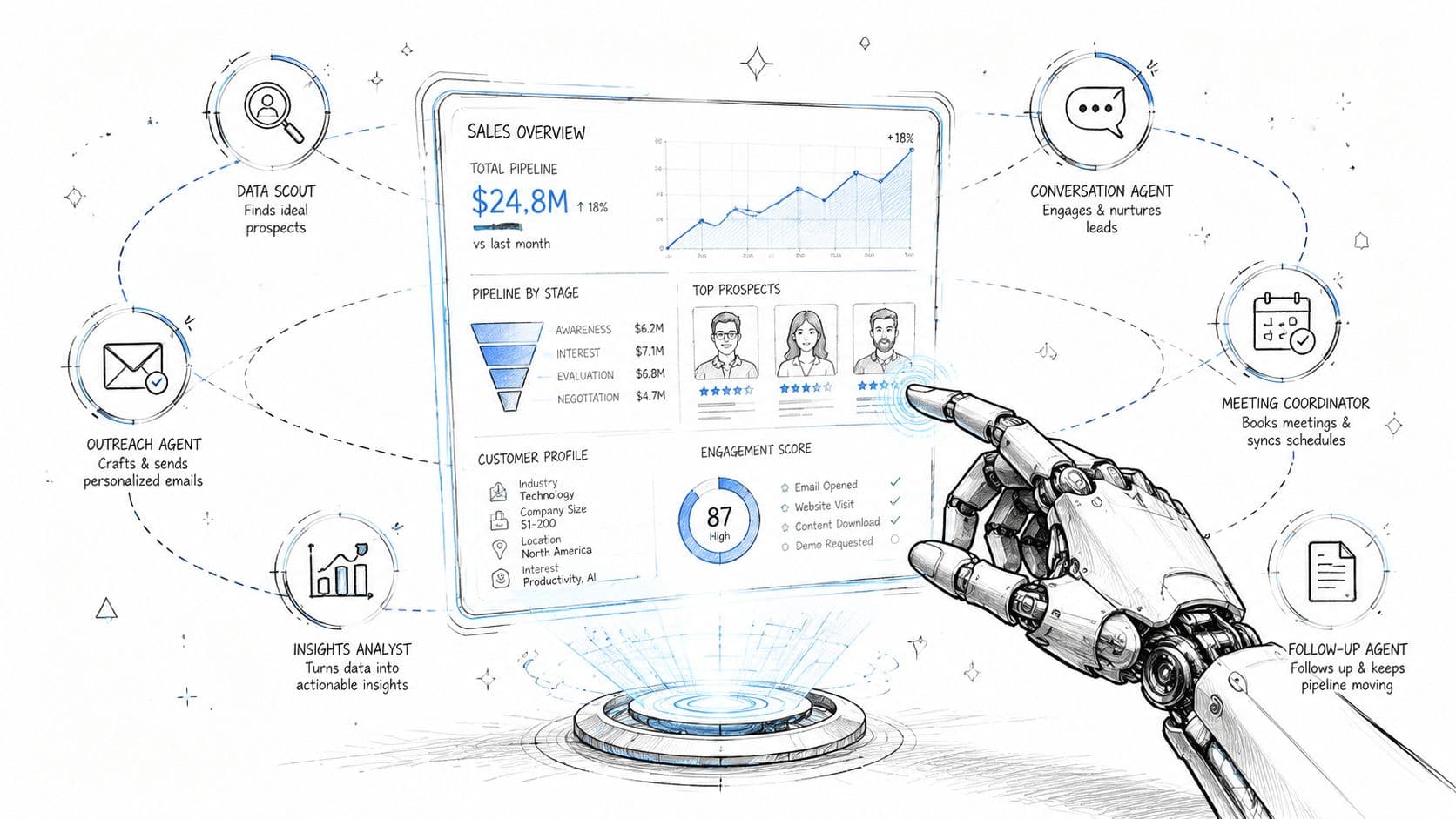 Une main robotique interagit avec un tableau de bord numérique montrant des processus de prospection commerciale automatisés.