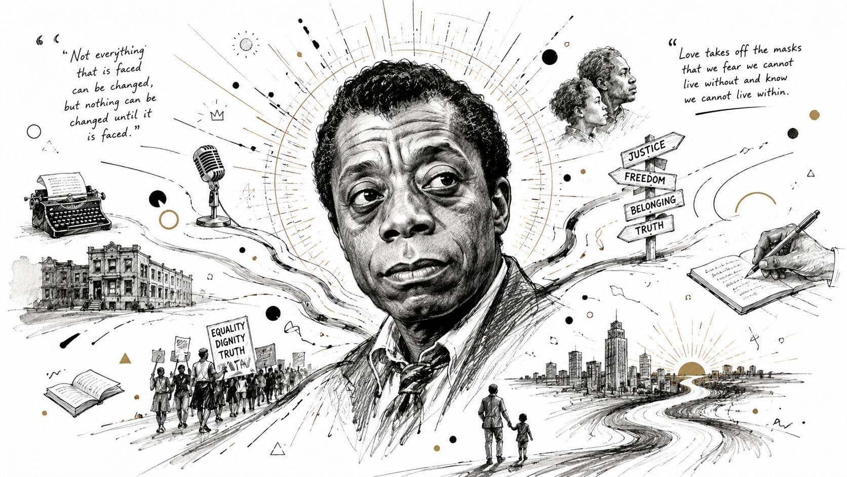 Portrait artistique de James Baldwin entouré de symboles représentant la justice, la littérature et les droits civiques.