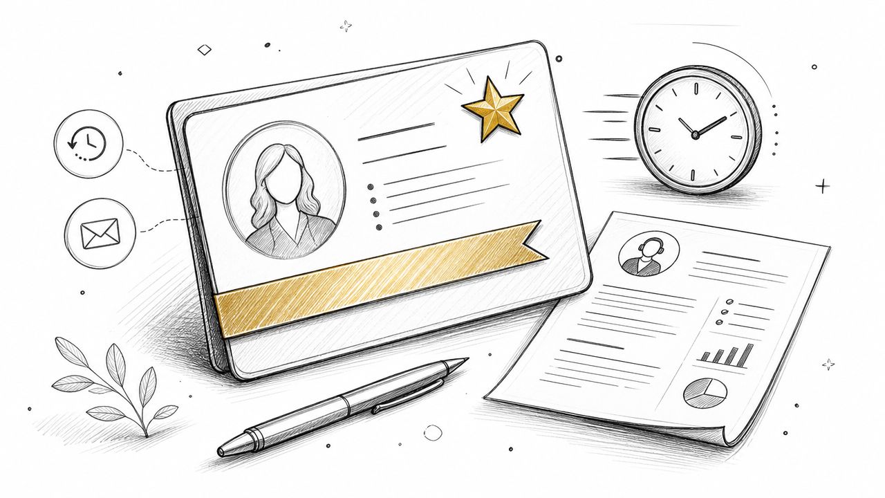 Une illustration montrant un profil professionnel, une horloge, une feuille de résultats et un stylo sur bureau.