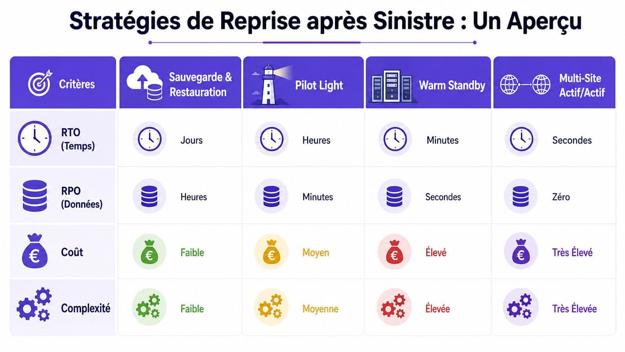 Un tableau comparatif présentant quatre stratégies de reprise après sinistre selon le RTO, le RPO, le coût et la complexité.