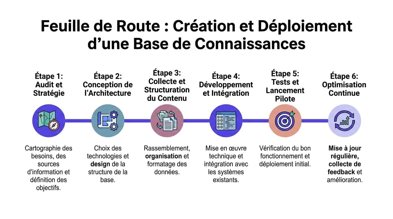 Feuille de route illustrant les six étapes clés pour la création et le déploiement d'une base de connaissances.