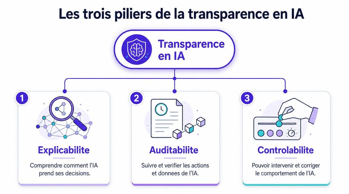 Infographie présentant les trois piliers de la transparence en intelligence artificielle : explicabilité, auditabilité et contrôlabilité.