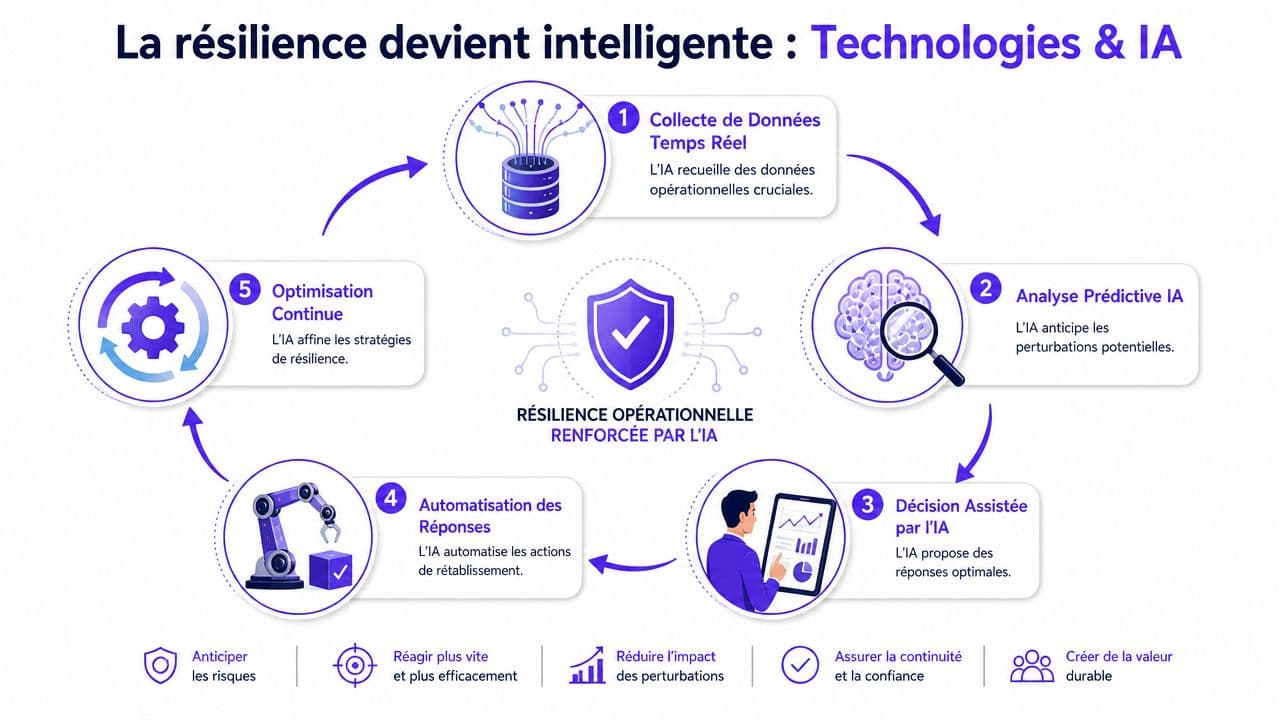 Schéma montrant le cycle de la résilience opérationnelle renforcée par l'intelligence artificielle en cinq étapes clés.