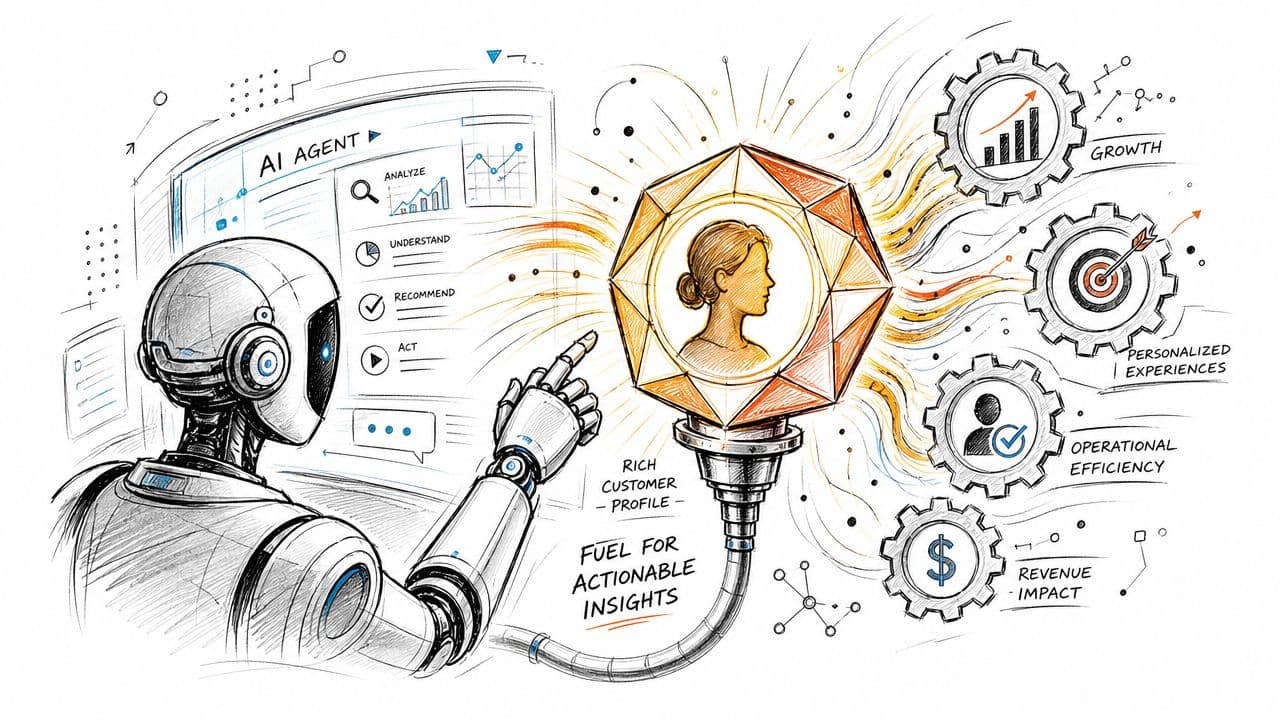 Illustration montrant un agent IA analysant des données pour générer des profils clients et optimiser les résultats commerciaux.